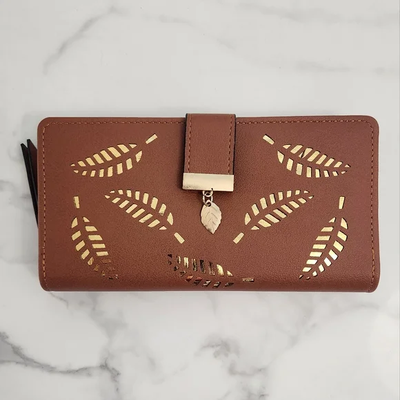 Spring & Summer Pu Leather Brown Leaf Cutout Women's Wallet - Picture 3 of 15